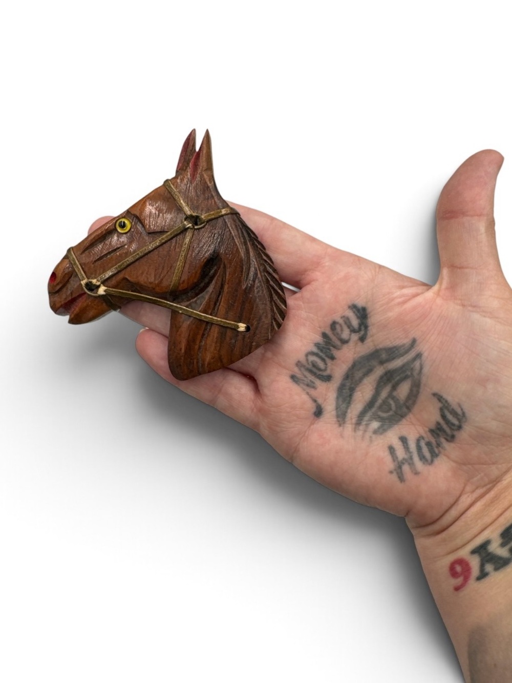 Vintage 1940s 1950s Carved Wood Horse Head Brooch Large Equestrian Pin 3.5”